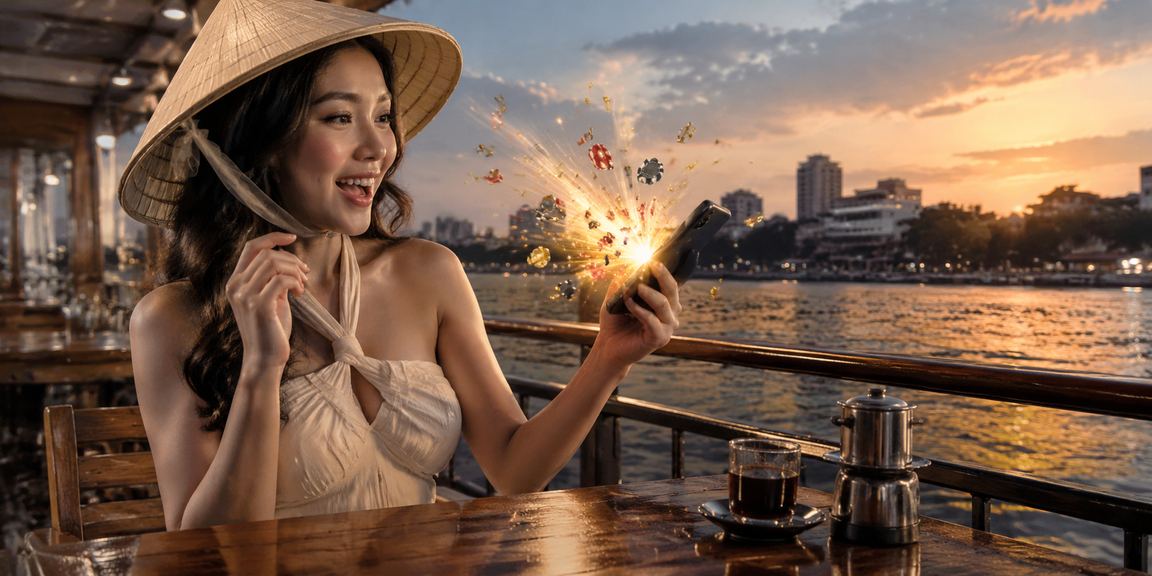 Phụ nữ Hà Nội đội nón lá chơi casino mobile trên smartphone